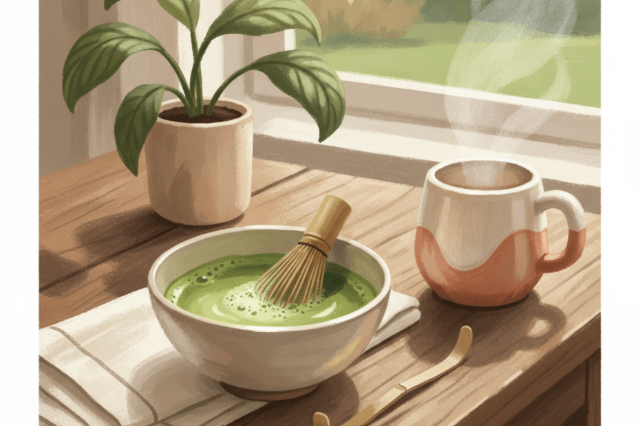 Warm whimsical illustration of a calm kitchen table with a green matcha bowl, bamboo whisk, ceramic mug and morning light, no logos and no readable text