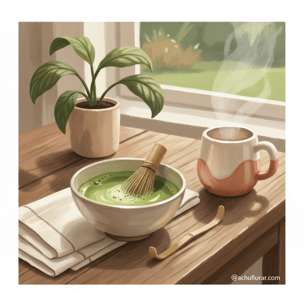 Warm whimsical illustration of a calm kitchen table with a green matcha bowl, bamboo whisk, ceramic mug and morning light, no logos and no readable text