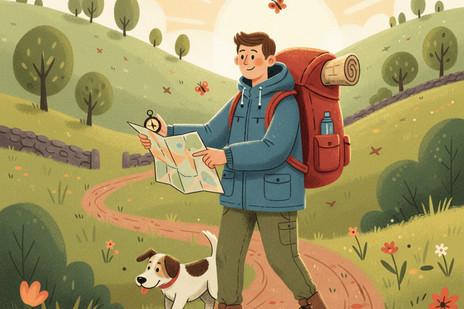 Warm illustrated hiking kit scene with generic outdoor trousers, jacket, boots and a rucksack by a country path, no logos or readable text