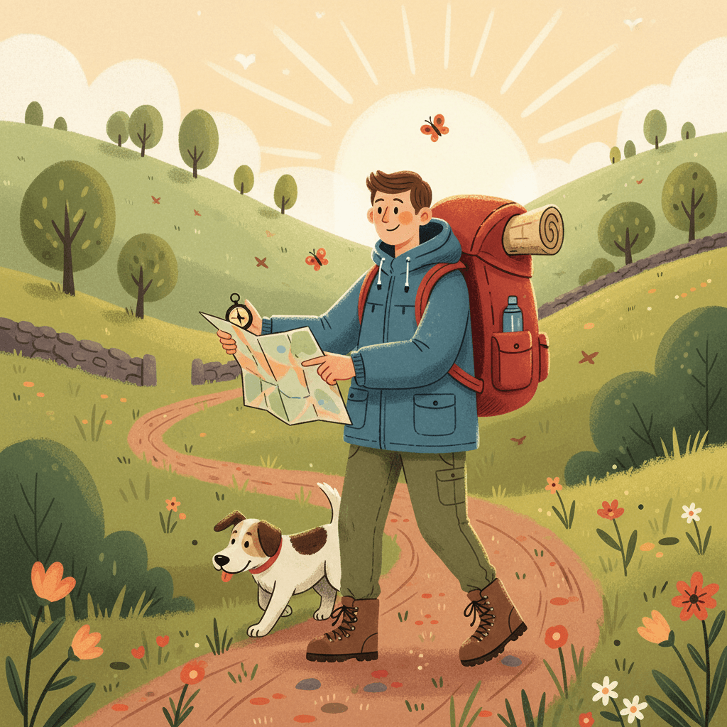Warm illustrated hiking kit scene with generic outdoor trousers, jacket, boots and a rucksack by a country path, no logos or readable text