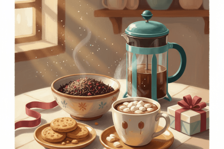 Warm whimsical illustration of a cosy tea and hot chocolate table with mugs, loose tea, biscuits and gift ribbon, no logos and no readable text
