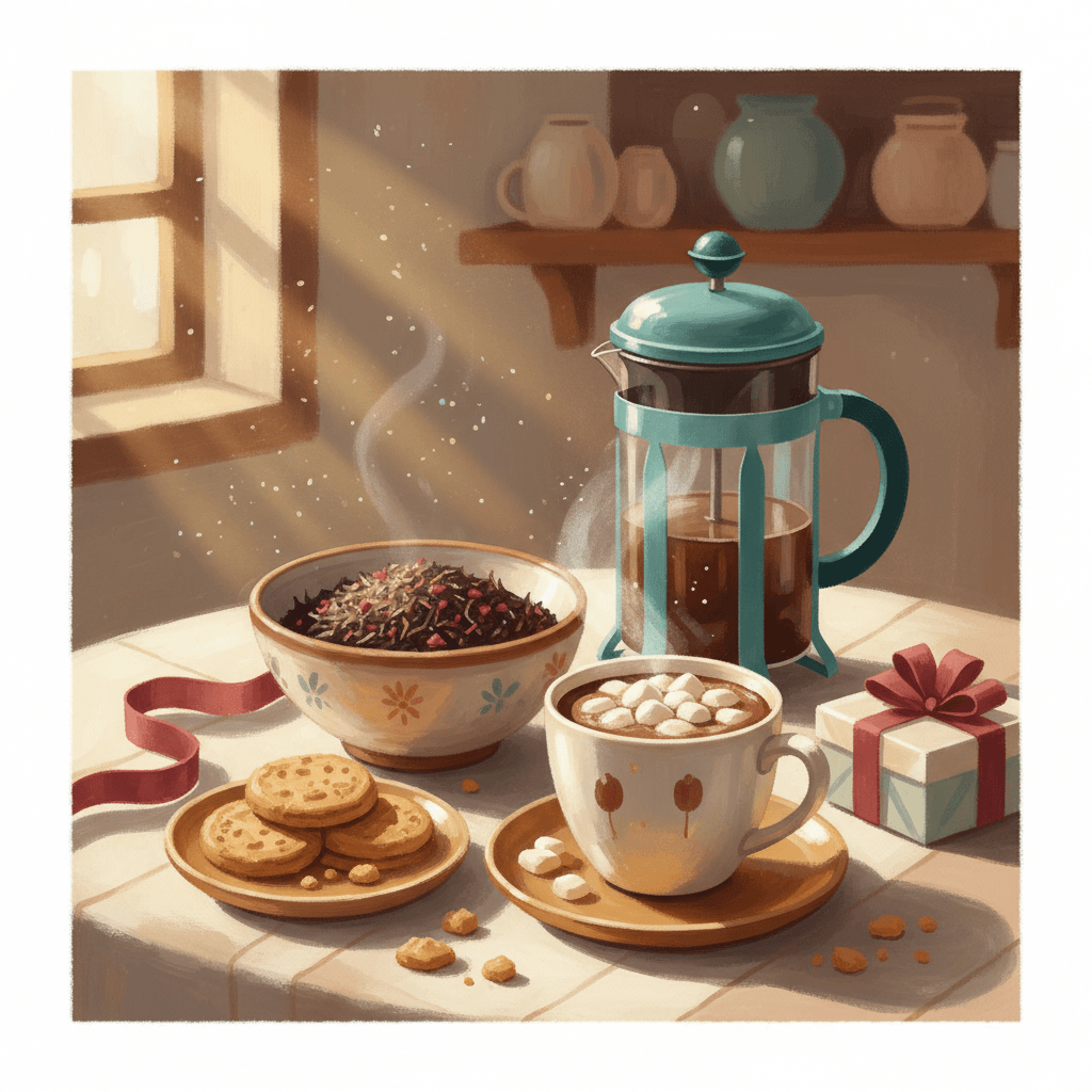 Warm whimsical illustration of a cosy tea and hot chocolate table with mugs, loose tea, biscuits and gift ribbon, no logos and no readable text