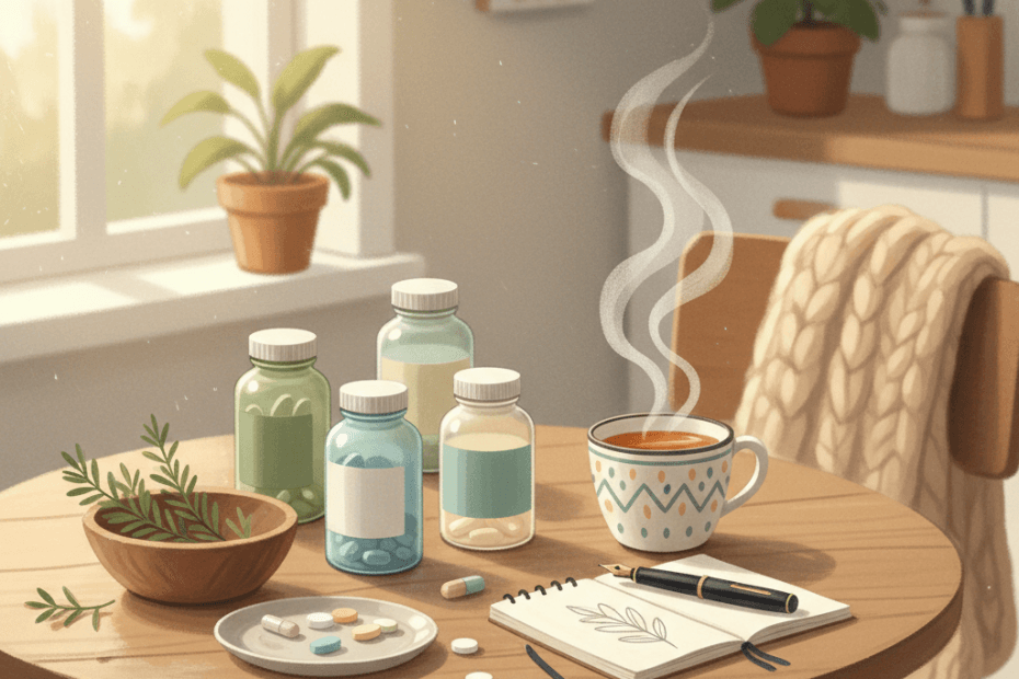 Warm whimsical illustration of a kitchen table with unbranded supplement bottles, a mug, notebook, leaves and soft morning light, no logos or readable text
