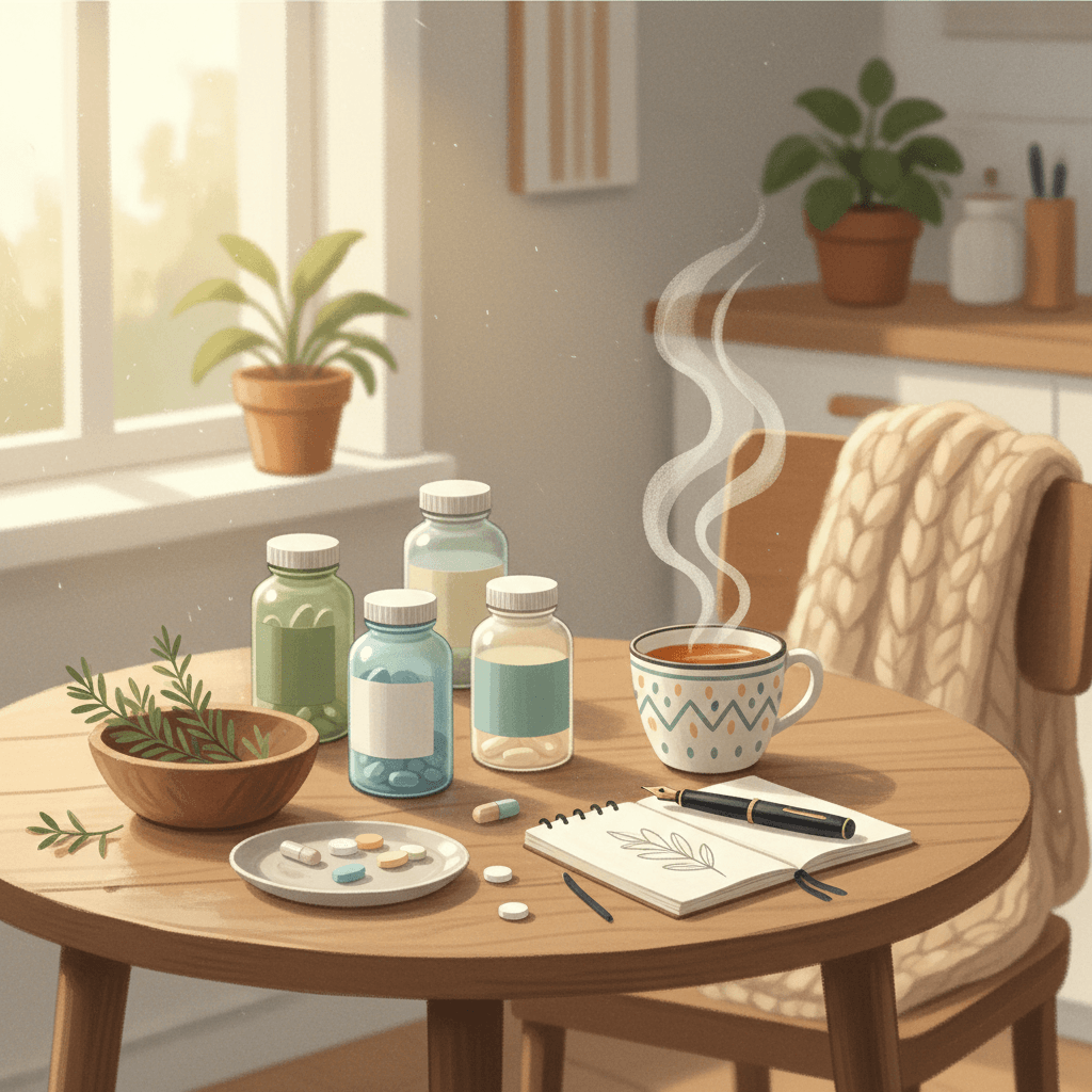 Warm whimsical illustration of a kitchen table with unbranded supplement bottles, a mug, notebook, leaves and soft morning light, no logos or readable text
