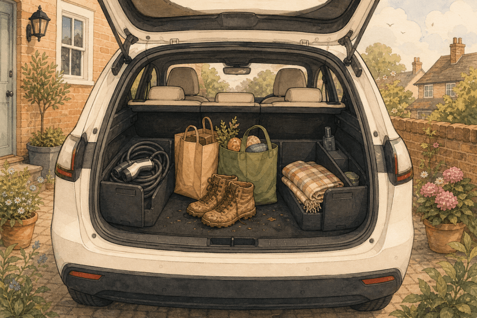Warm whimsical illustration of a tidy electric car boot with fitted storage boxes, charging cable and shopping bags, no logos and no readable text