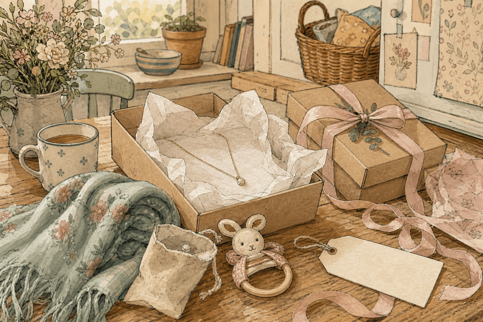 Warm whimsical illustration of a cosy British gift-wrapping table with jewellery boxes, scarves, baby gifts and paper texture, no logos and no readable text