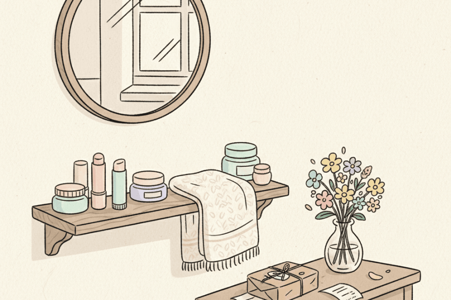 Warm hand-drawn illustration of a bathroom shelf with generic lip balms, skincare tubes, a mirror, towel and small parcel, with no logos or readable text
