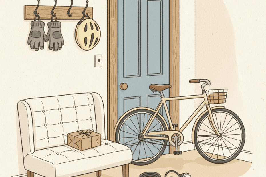 Warm hand-drawn illustration of a cosy hallway with a generic bicycle, helmet, parcel, lights and cycling accessories, with no logos or readable text
