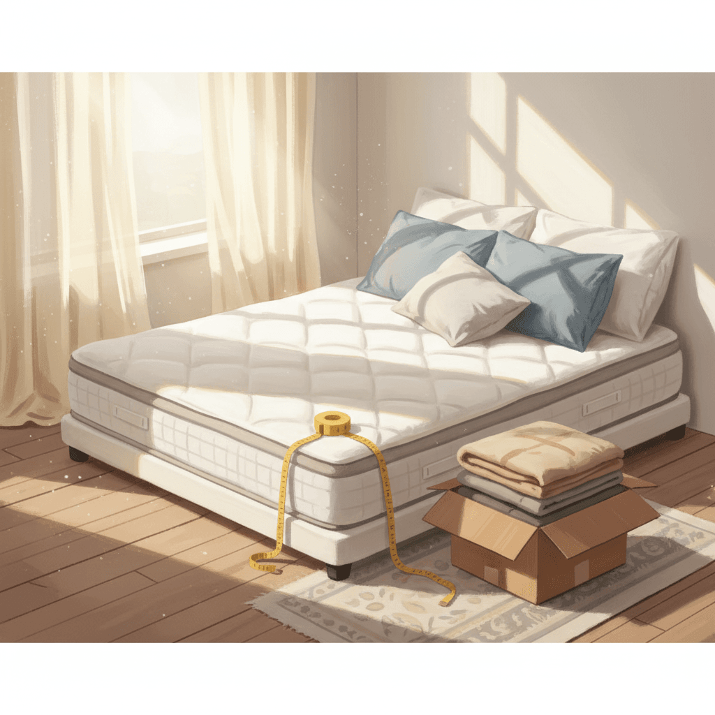 Warm illustrated bedroom scene with a generic mattress, pillows, tape measure and delivery box, no logos or readable text