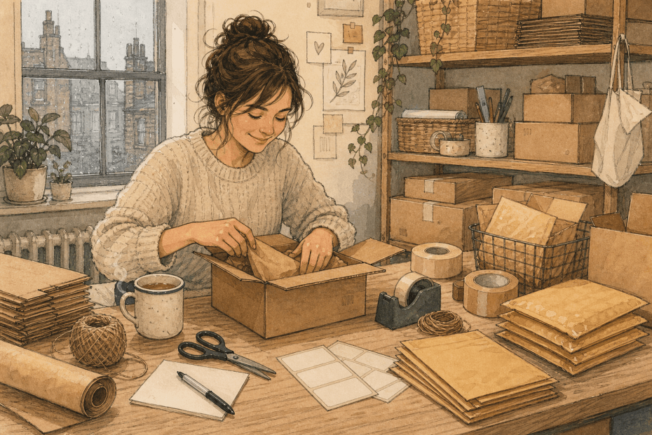 Warm hand-drawn illustration of a small British packing desk with plain cardboard boxes, paper mailers, labels, tape and parcels, with no logos or readable text