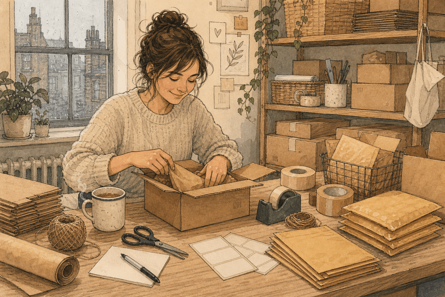 Warm hand-drawn illustration of a small British packing desk with plain cardboard boxes, paper mailers, labels, tape and parcels, with no logos or readable text