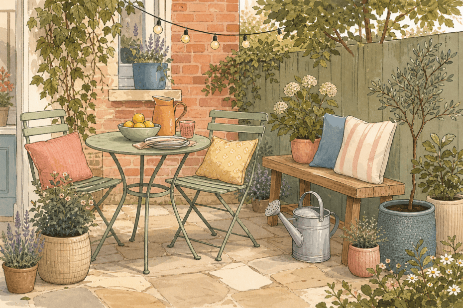 Warm whimsical illustration of a cosy British patio with garden chairs, plant pots and soft greenery, no logos and no readable text