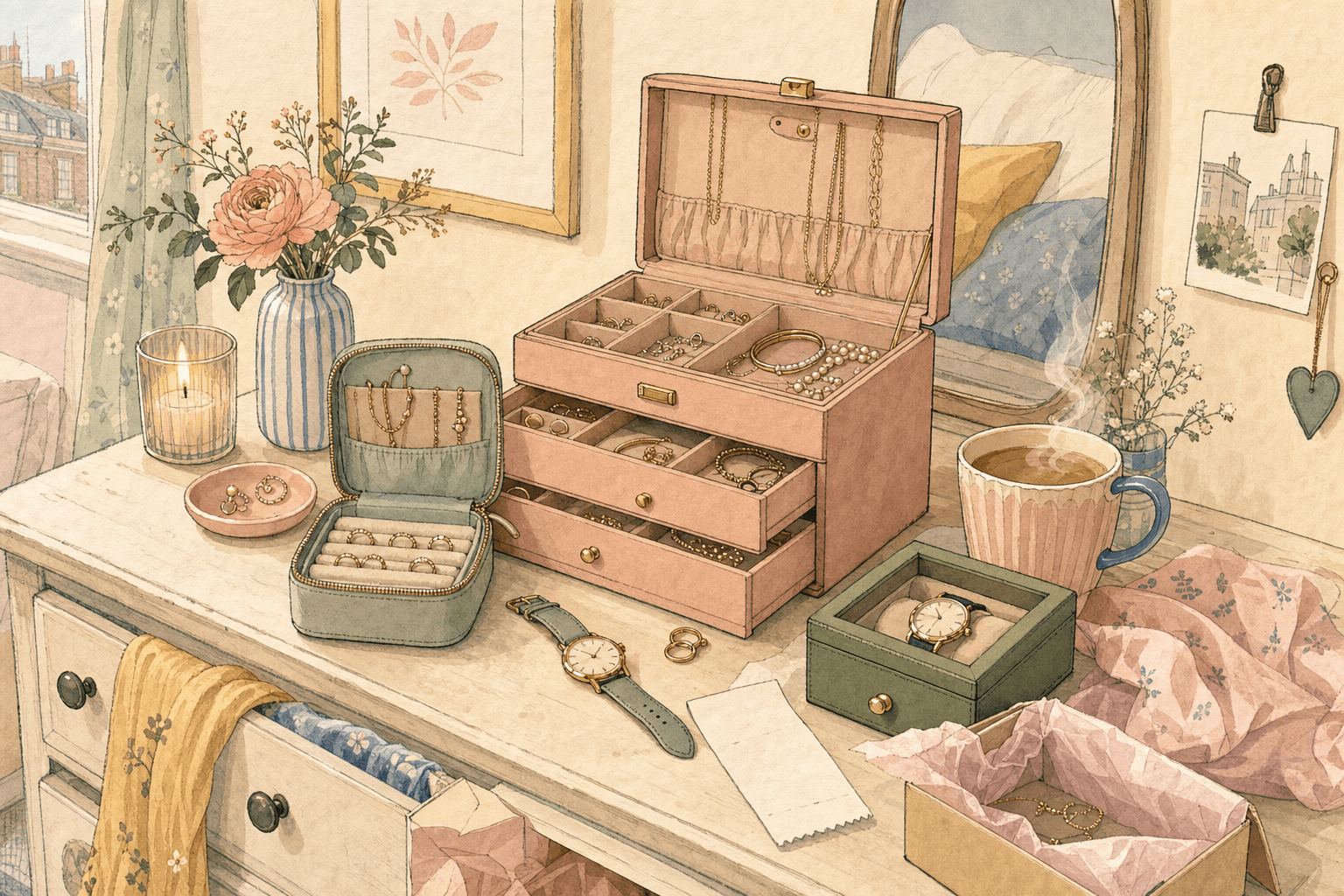 Warm whimsical illustration of a cosy dressing table with jewellery boxes, small organisers, watches and travel pouches, no logos and no readable text