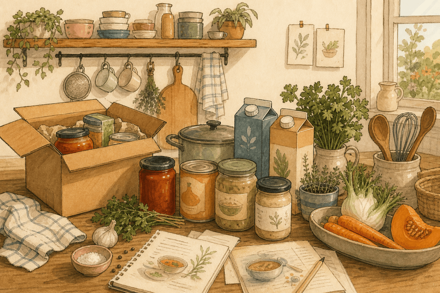 Warm whimsical illustration of a cosy British kitchen counter with sauce jars, vegetables, recipe notes and a tidy delivery box, no logos and no readable text