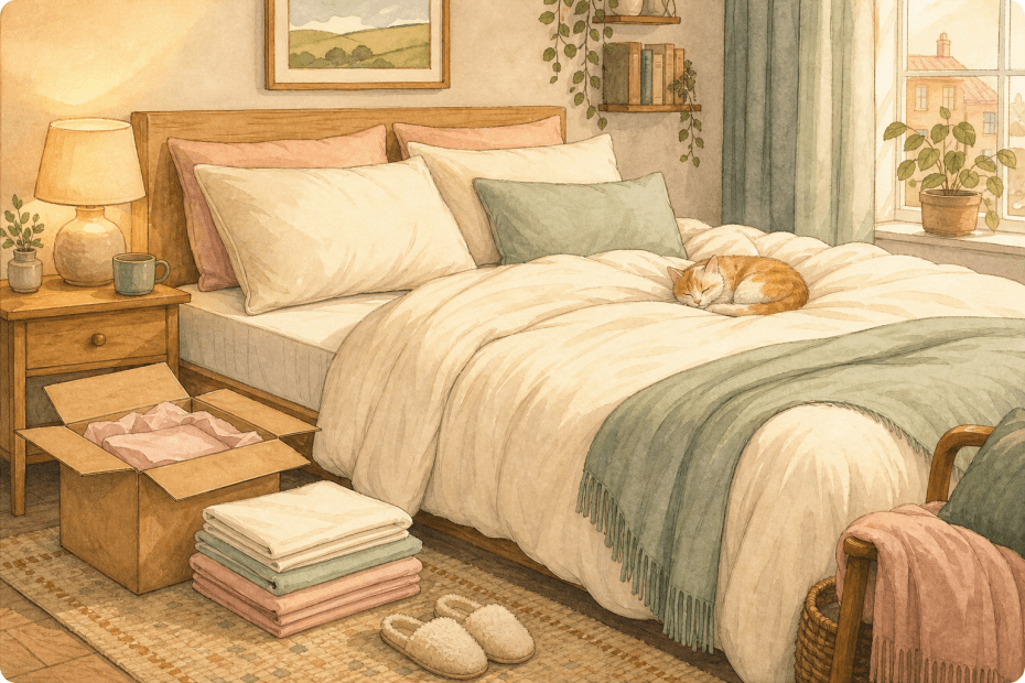 Warm whimsical illustration of a cosy British bedroom with unbranded bamboo-style bedding, pillows, a mattress corner, slippers and a small parcel, no logos or readable text