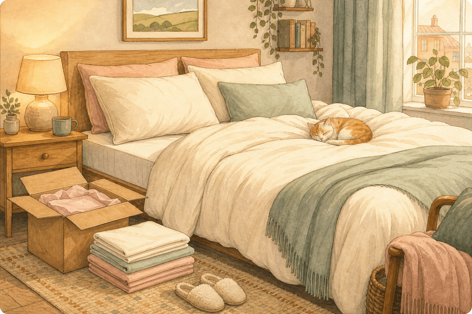 Warm whimsical illustration of a cosy British bedroom with unbranded bamboo-style bedding, pillows, a mattress corner, slippers and a small parcel, no logos or readable text