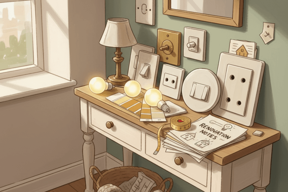 Warm editorial illustration of a British hallway table with lighting samples, switch plates and home renovation notes