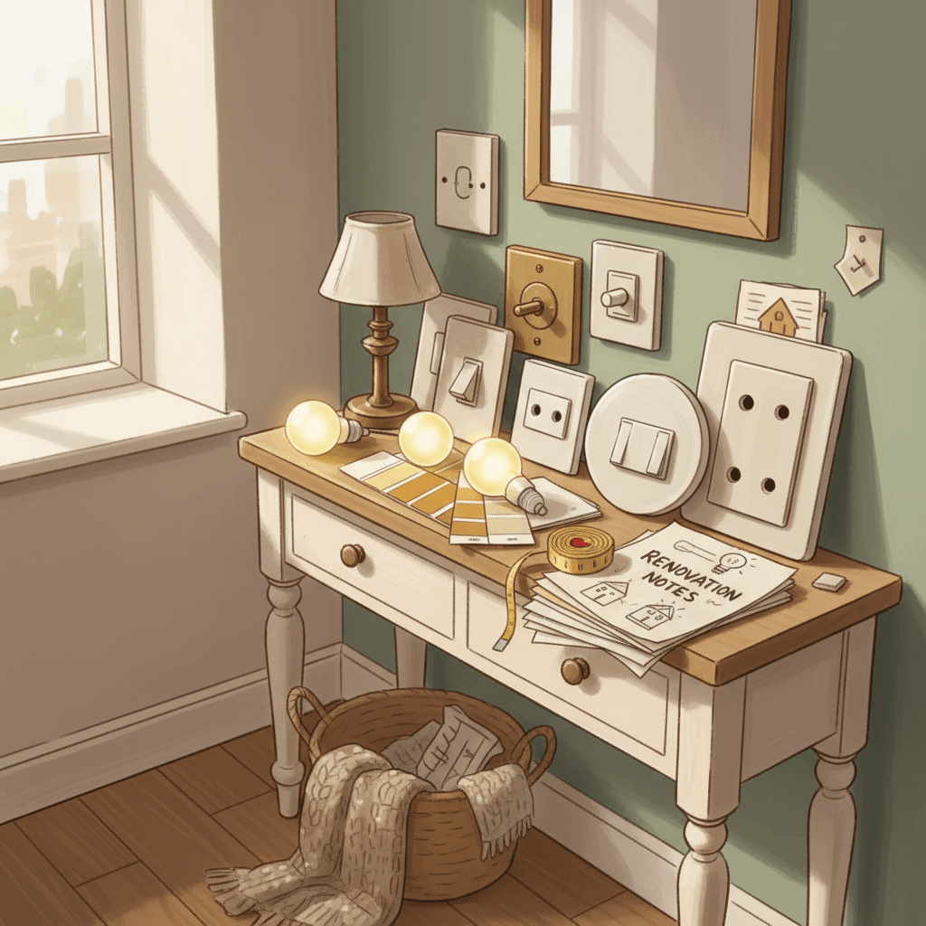 Warm editorial illustration of a British hallway table with lighting samples, switch plates and home renovation notes