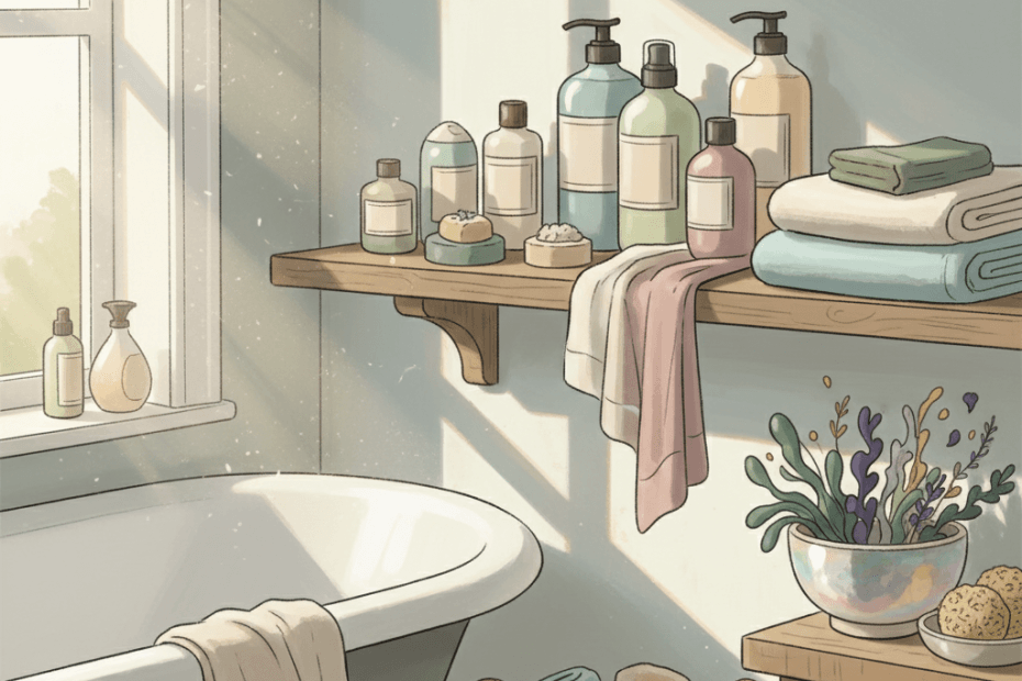 Warm whimsical bathroom shelf scene with generic seaweed-inspired haircare and skincare bottles, bath towels and coastal plants, no logos or readable text
