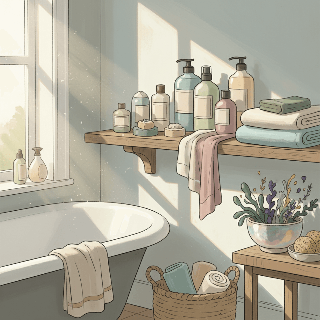 Warm whimsical bathroom shelf scene with generic seaweed-inspired haircare and skincare bottles, bath towels and coastal plants, no logos or readable text