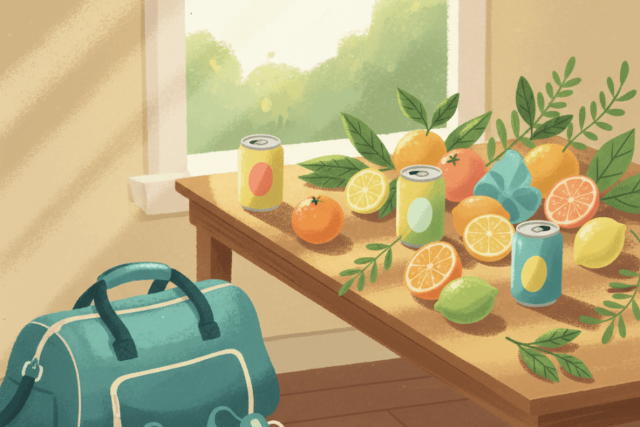 Warm whimsical illustrated desk and gym bag scene with unbranded colourful energy drink cans, fruit, running shoes and leafy plant details, no logos or readable text
