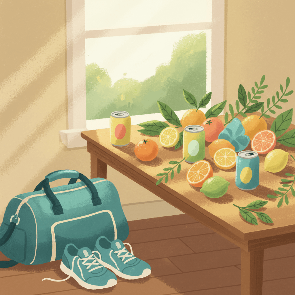 Warm whimsical illustrated desk and gym bag scene with unbranded colourful energy drink cans, fruit, running shoes and leafy plant details, no logos or readable text
