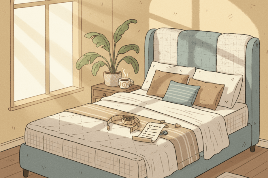 Warm whimsical illustration of a cosy bedroom with a mattress, bed frame samples, delivery notes and soft morning light, no logos and no readable text