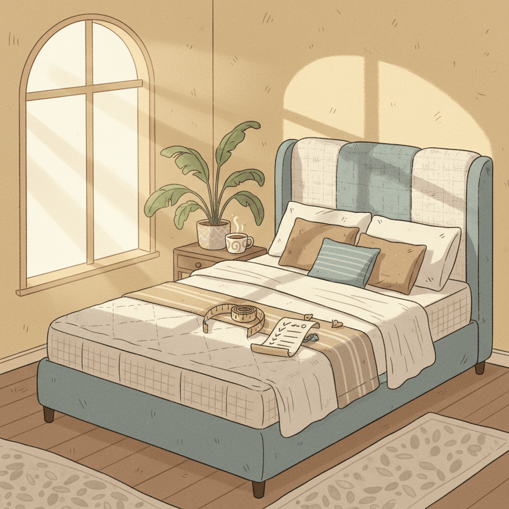 Warm whimsical illustration of a cosy bedroom with a mattress, bed frame samples, delivery notes and soft morning light, no logos and no readable text