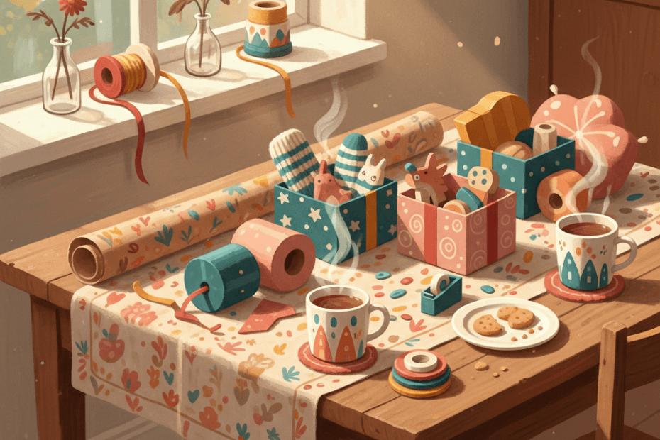 Warm whimsical illustration of a cosy gift-wrapping table with colourful parcels, gadgets and homeware hints, no logos and no readable text