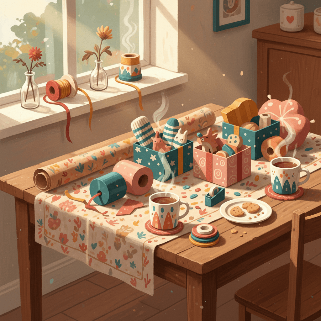 Warm whimsical illustration of a cosy gift-wrapping table with colourful parcels, gadgets and homeware hints, no logos and no readable text