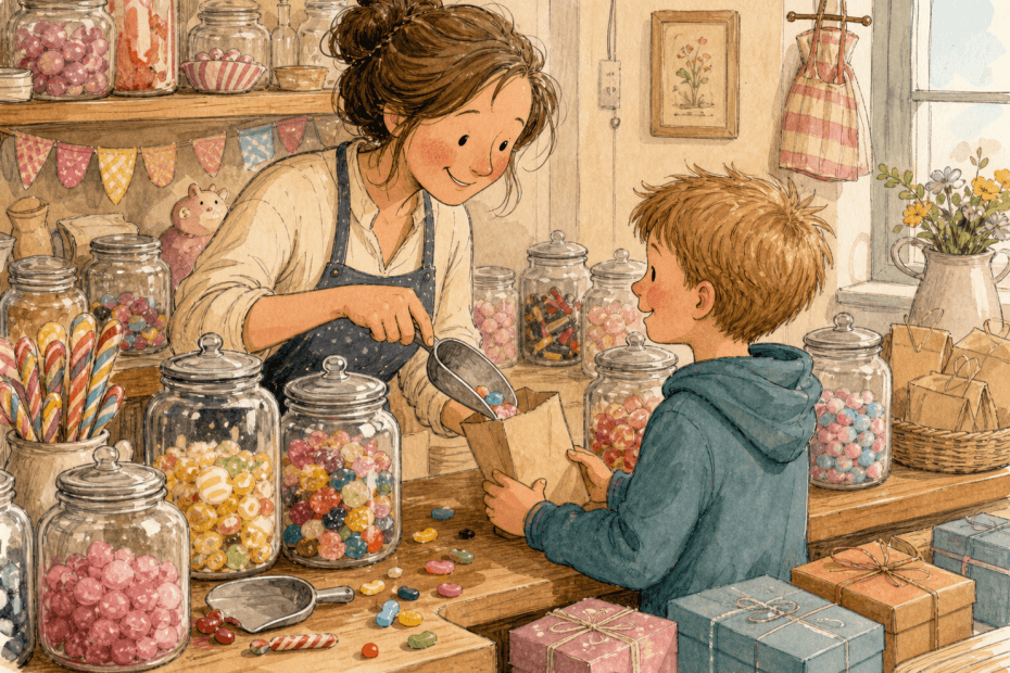Warm whimsical illustration of a colourful sweet shop counter with jars, scoops and gift bags, no logos and no readable text