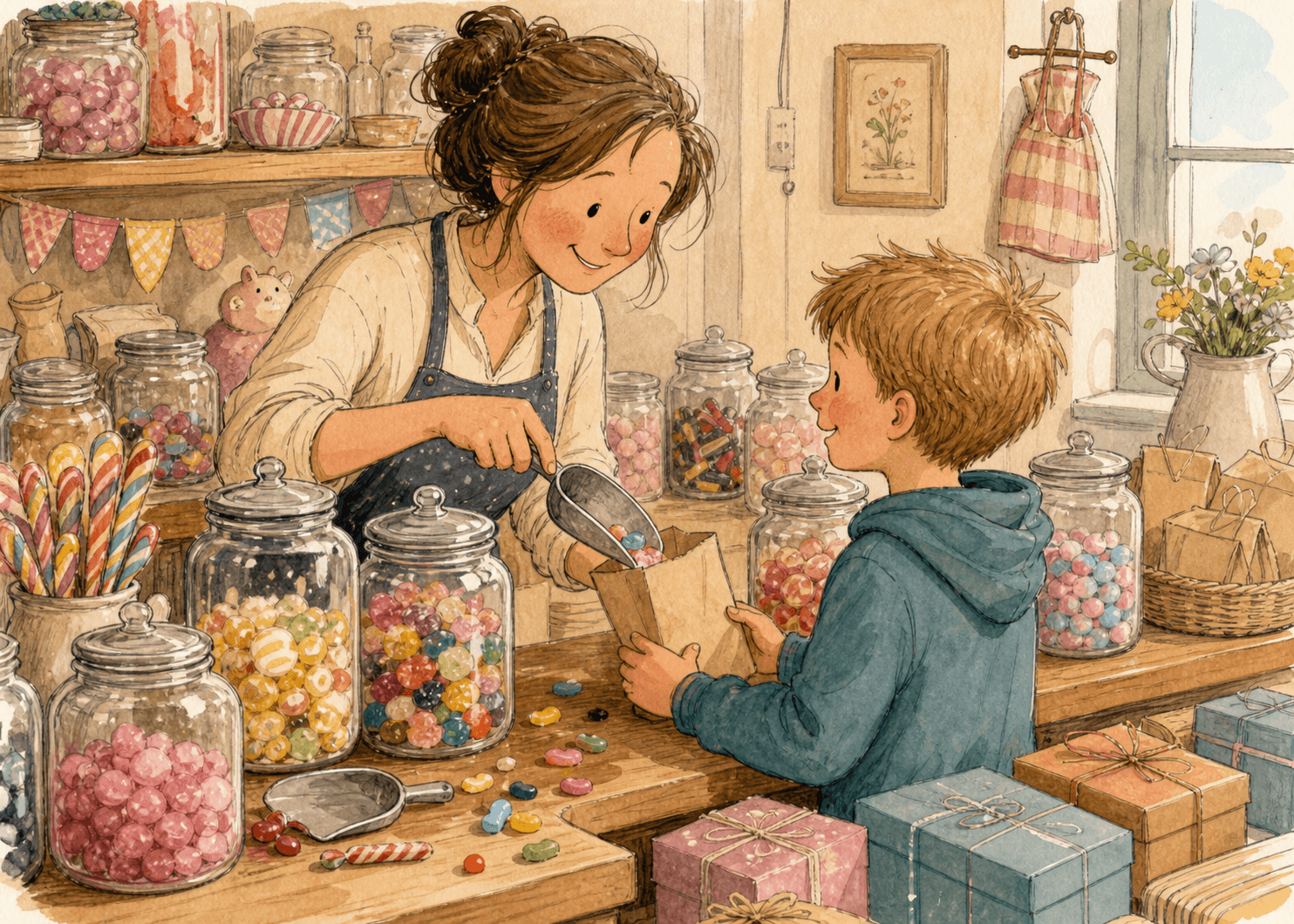 Warm whimsical illustration of a colourful sweet shop counter with jars, scoops and gift bags, no logos and no readable text