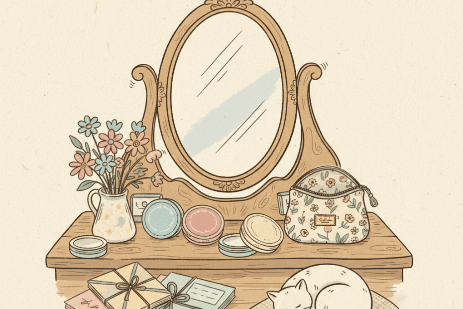 Warm hand-drawn illustration of a dressing table with unbranded solid perfume compacts, pastel travel accessories, flowers and a small parcel, with no logos or readable text