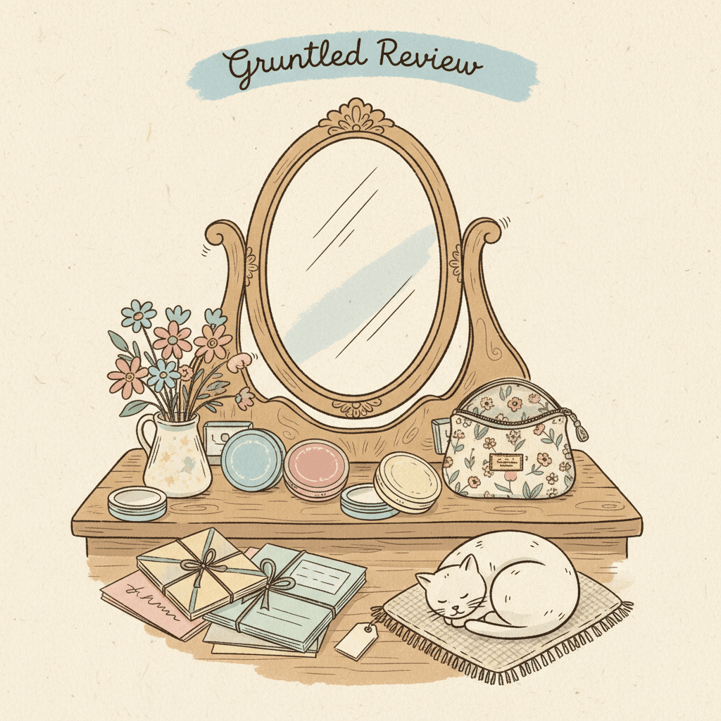 Warm hand-drawn illustration of a dressing table with unbranded solid perfume compacts, pastel travel accessories, flowers and a small parcel, with no logos or readable text