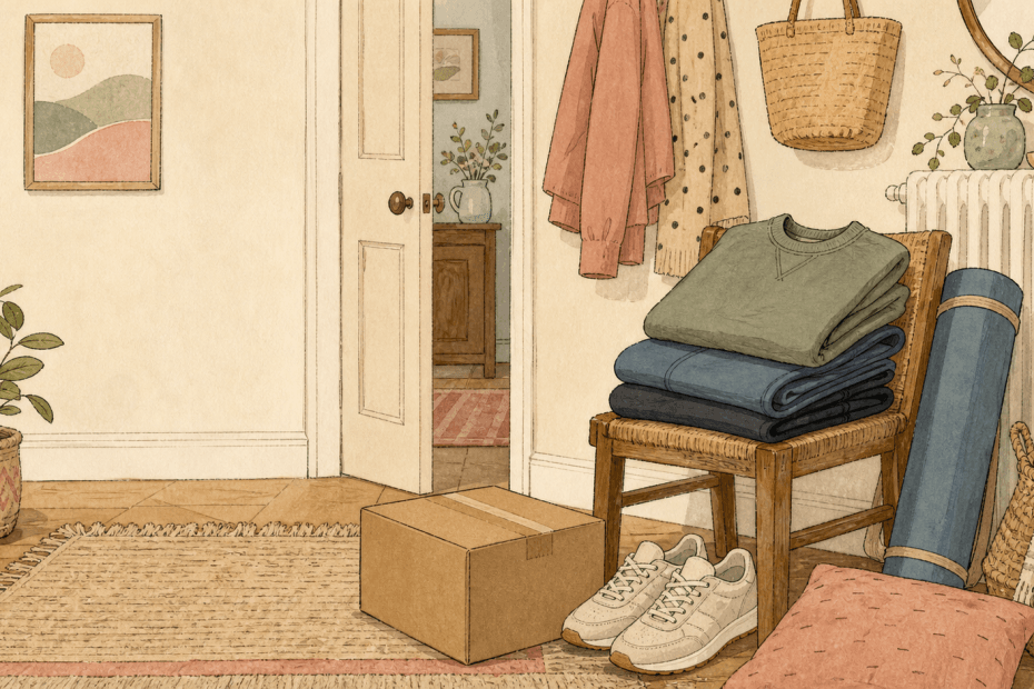 Warm hand-drawn illustration of a cosy British hallway with unbranded activewear, trainers and a parcel