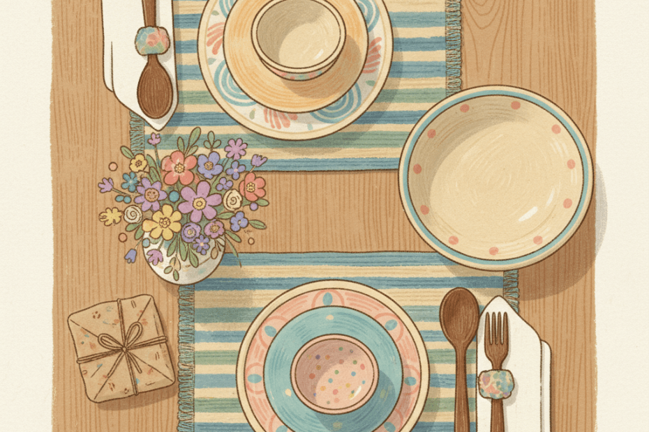 Warm hand-drawn illustration of a cosy dining table with colourful unbranded plates, woven placemats, flowers and soft paper texture, with no logos or readable text