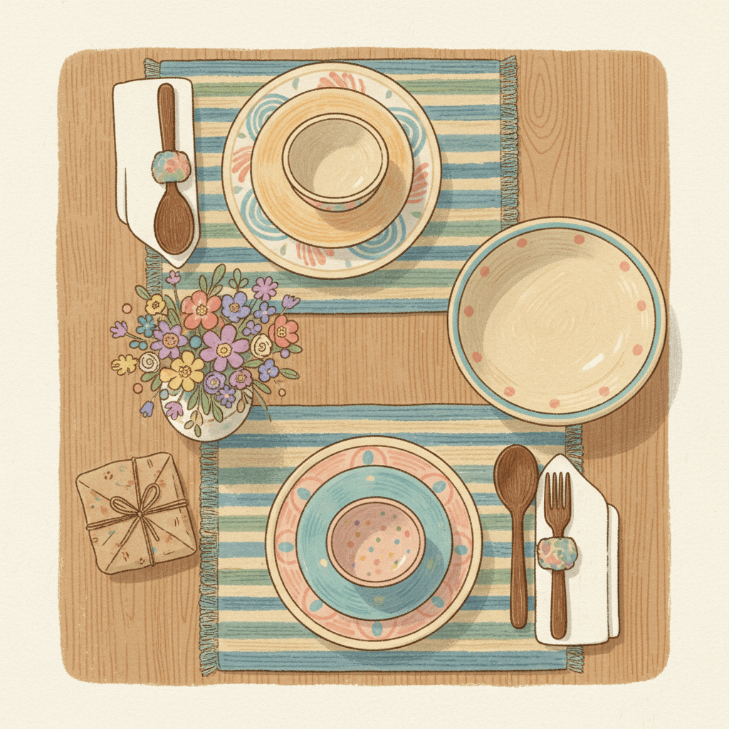 Warm hand-drawn illustration of a cosy dining table with colourful unbranded plates, woven placemats, flowers and soft paper texture, with no logos or readable text