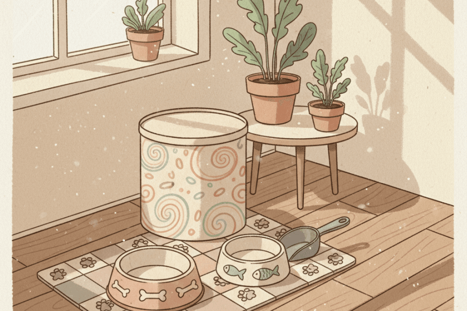 Warm whimsical illustration of a cosy British kitchen with a dog bowl, cat bowl, measuring scoop and pet food cupboard, no logos or readable text