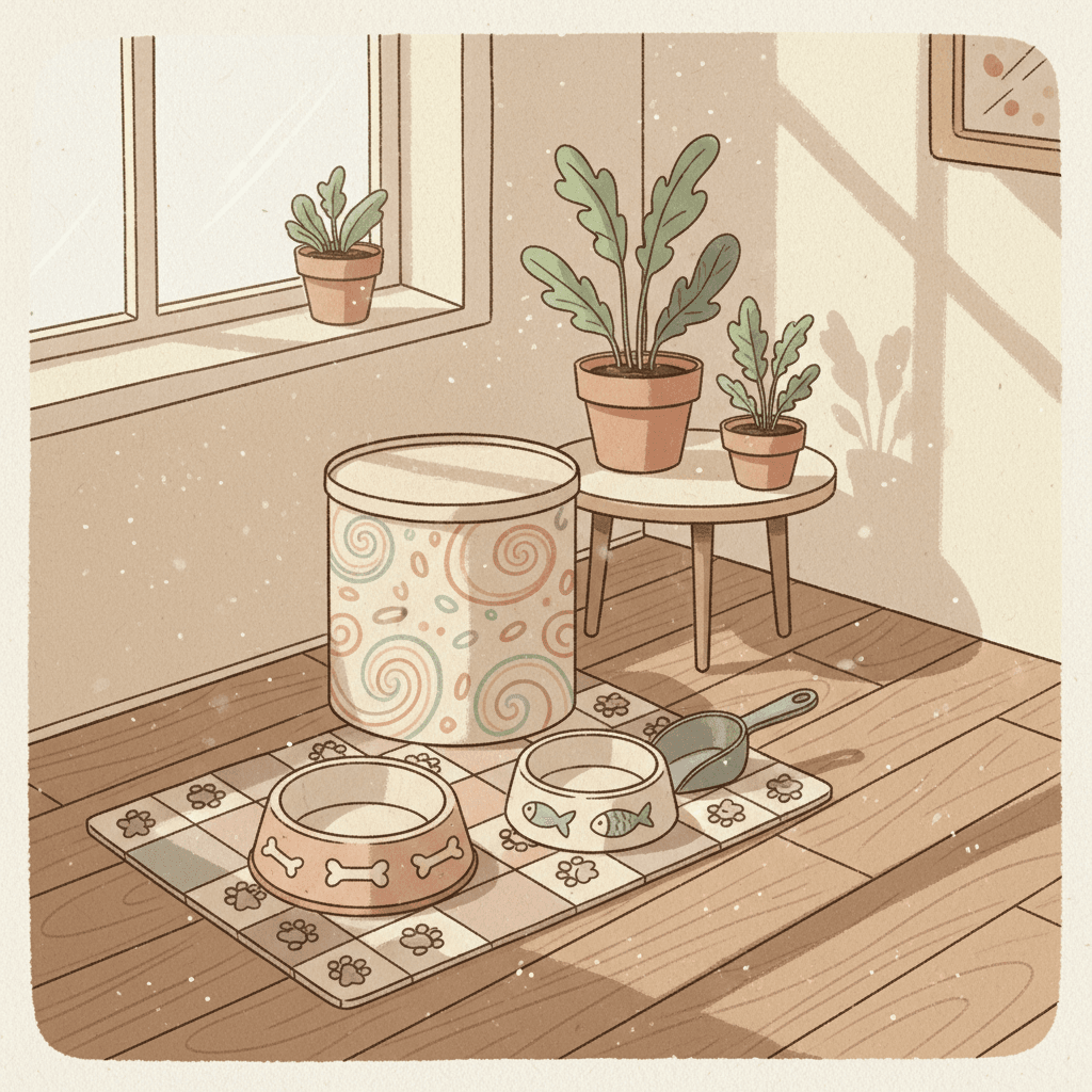 Warm whimsical illustration of a cosy British kitchen with a dog bowl, cat bowl, measuring scoop and pet food cupboard, no logos or readable text