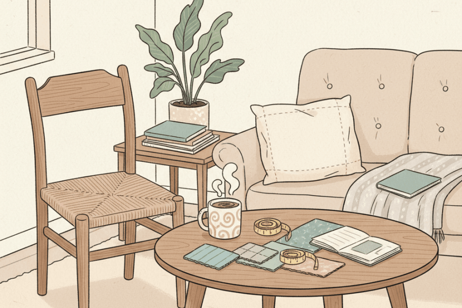 Warm hand-drawn illustration of a cosy British room with unbranded furniture, fabric samples and a tape measure