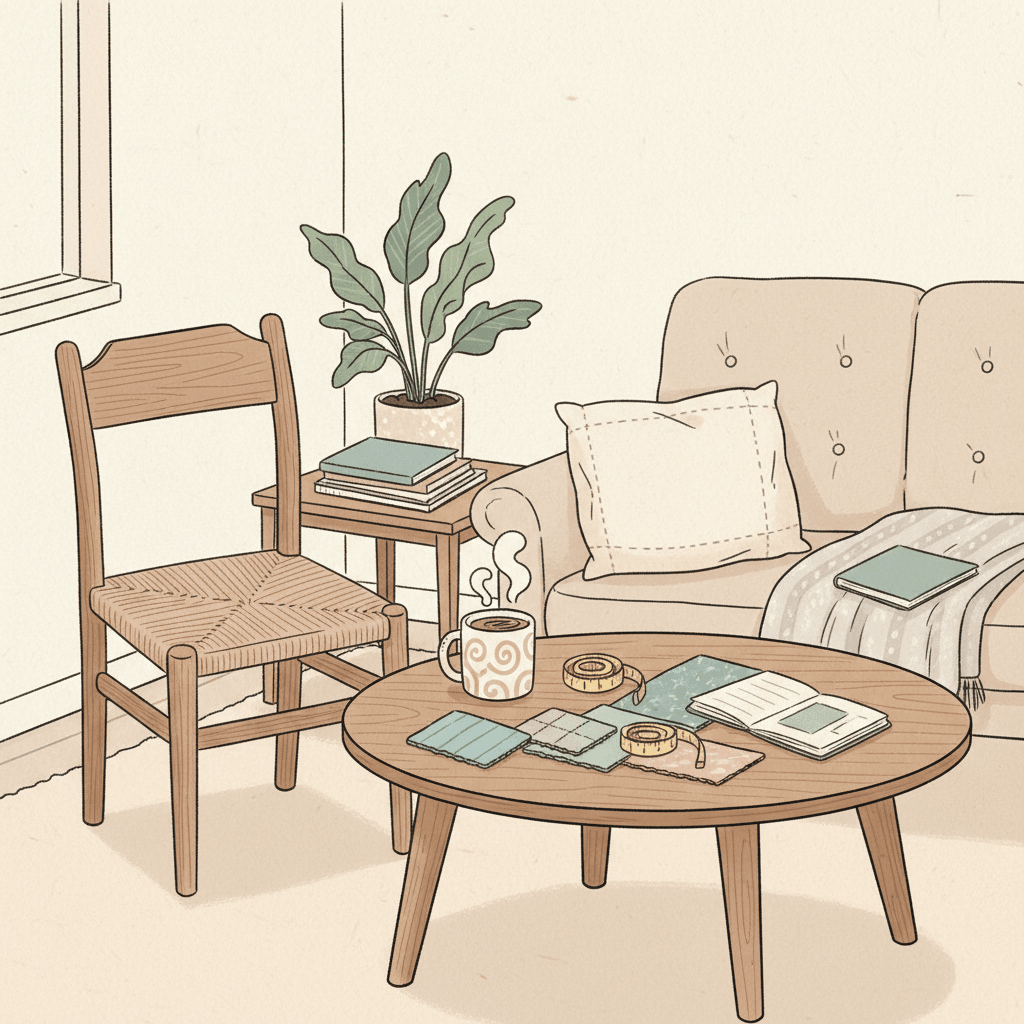 Warm hand-drawn illustration of a cosy British room with unbranded furniture, fabric samples and a tape measure