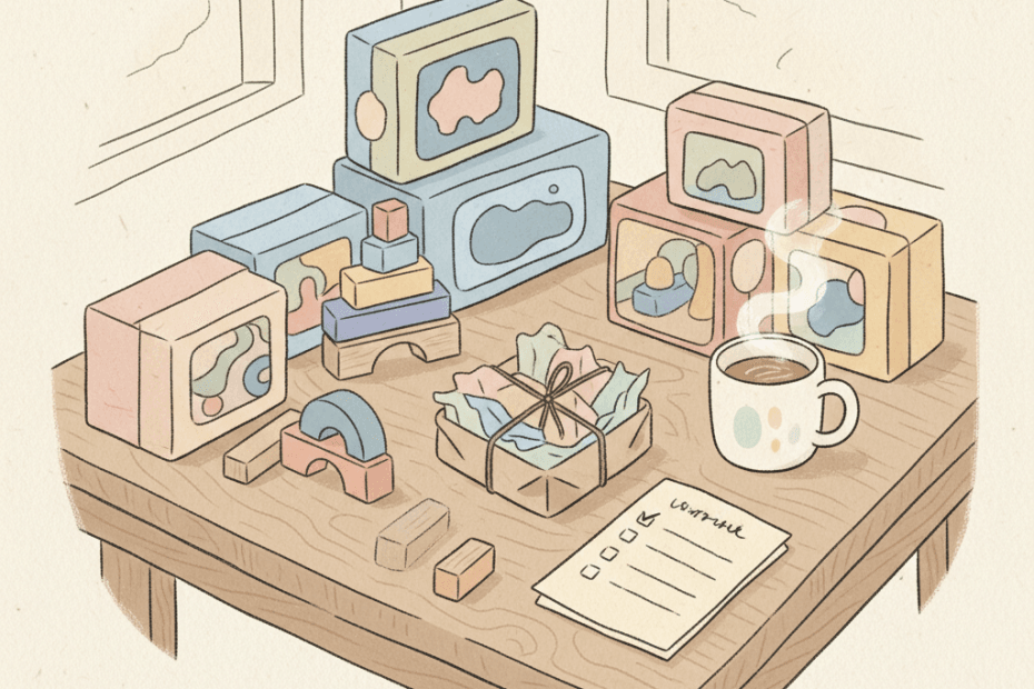 Warm whimsical illustration of a cosy playroom with unbranded toy boxes, building blocks, a small parcel and a handwritten shopping checklist, no logos or readable text