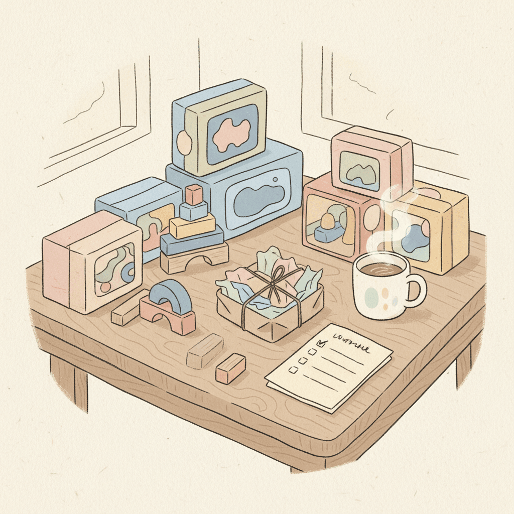 Warm whimsical illustration of a cosy playroom with unbranded toy boxes, building blocks, a small parcel and a handwritten shopping checklist, no logos or readable text