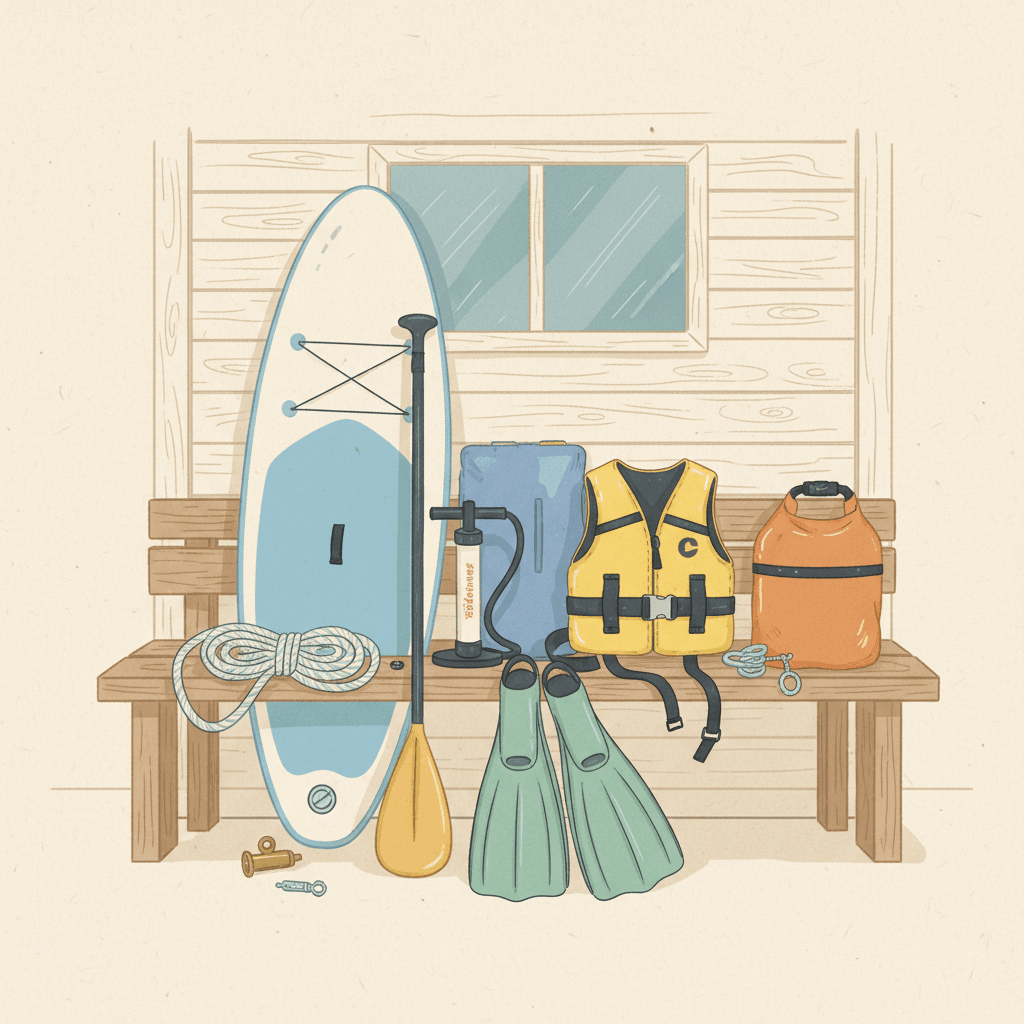 Warm hand-drawn illustration of paddleboards, diving fins and marine kit laid out beside a British waterside cabin