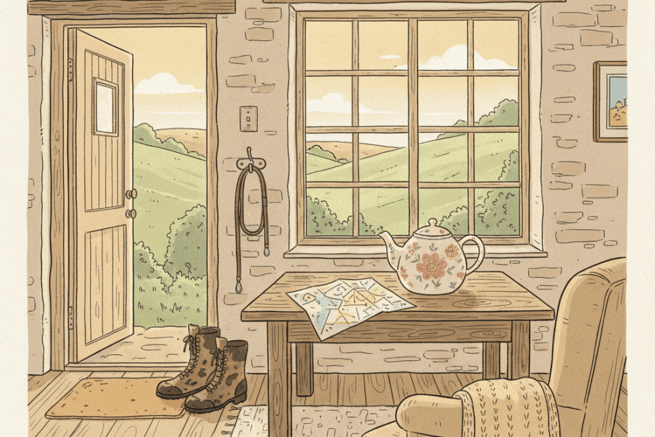 Warm hand-drawn illustration of a cosy Yorkshire holiday cottage with walking boots, a dog lead and rolling hills nearby