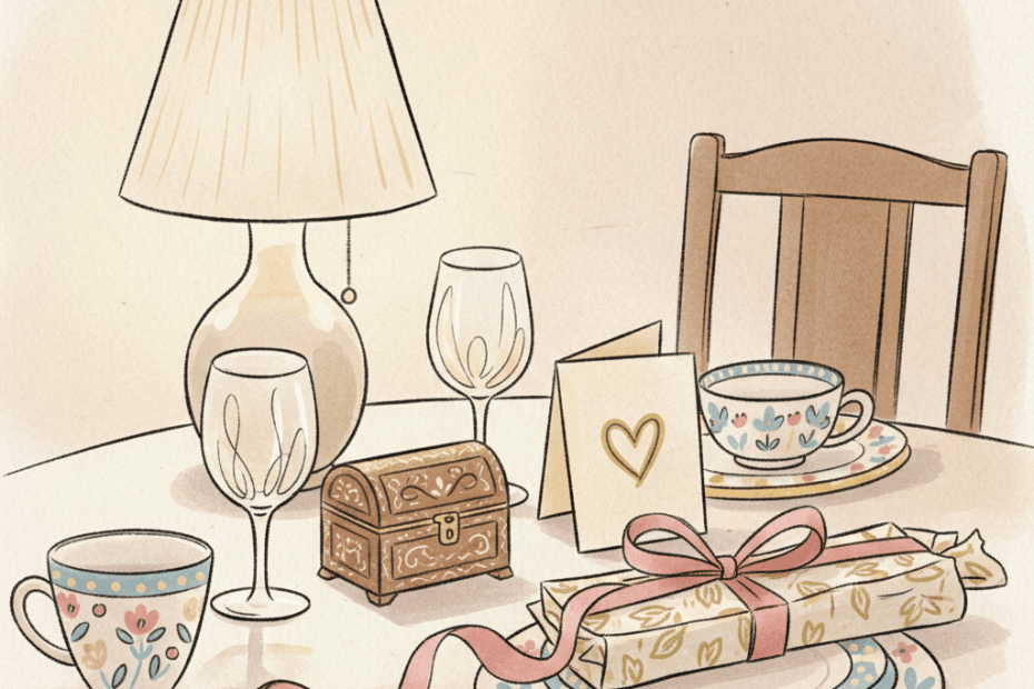 Warm whimsical illustration of a British gift table with unbranded glassware, wrapped parcels, a small jewellery box and patterned crockery, no logos or readable text