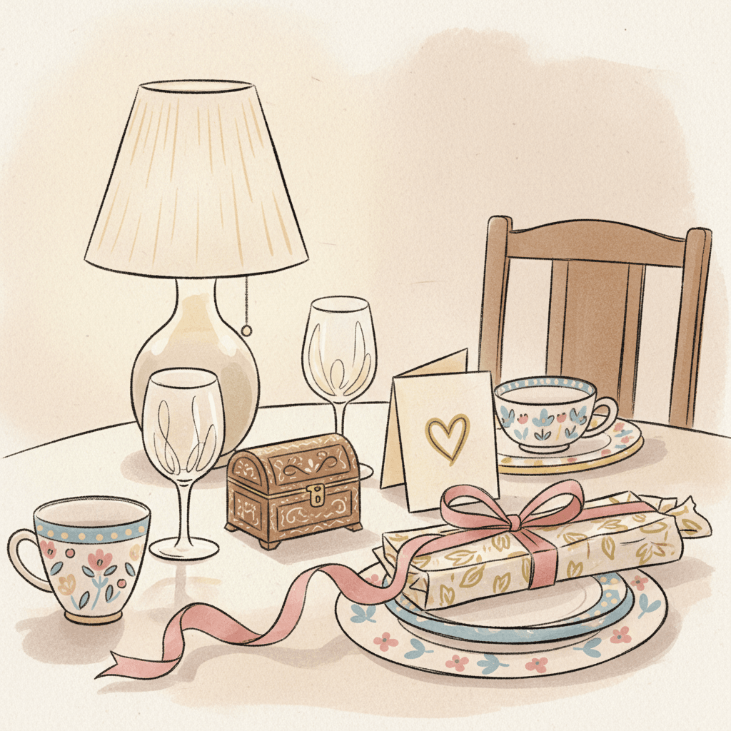 Warm whimsical illustration of a British gift table with unbranded glassware, wrapped parcels, a small jewellery box and patterned crockery, no logos or readable text