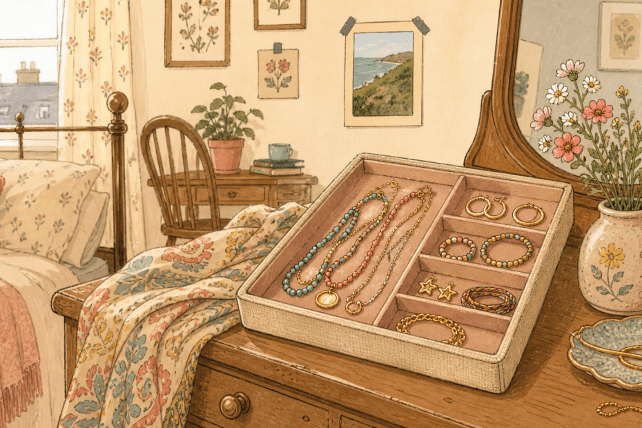 Warm hand-drawn illustration of a colourful jewellery tray on a cosy British dressing table, with no logos or readable text