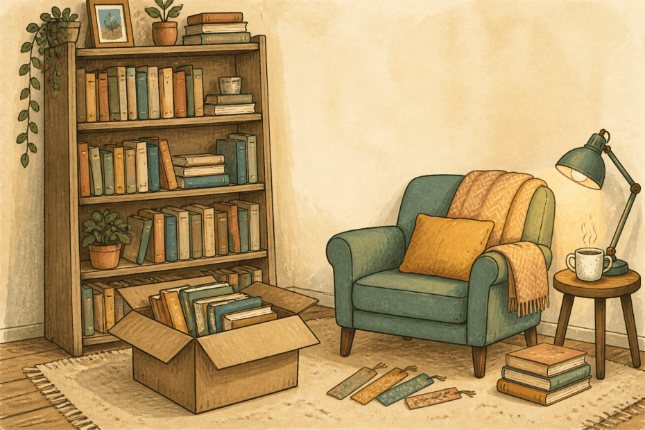 Warm hand-drawn illustration of a cosy British reading nook with a parcel of unbranded books, tea and soft cream and pastel colours