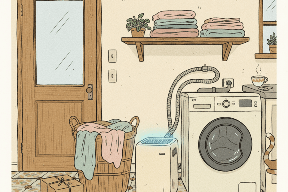 Warm hand-drawn illustration of a cosy British utility room with generic unbranded laundry and home appliances in cream and pastel colours